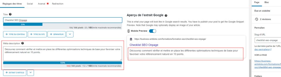 balise meta description wordpress seo onpage